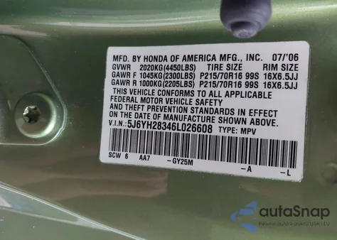 2006 Honda Element Lx из США, поврежденный, VIN 5J6YH28346L026608